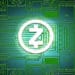 Logo de Zcash sobre esquema de circuito integrado. Fuente: hashgains.com