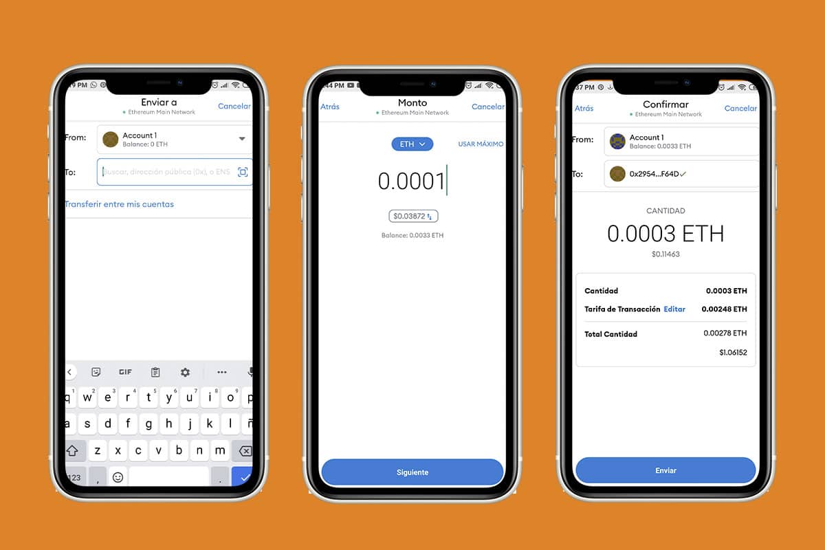 listado de contactos - transacción en wallet MetaMask (teléfono)