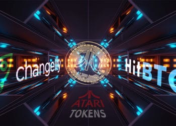 Token de Atari junto a logos de Changelly y HitBTC sobre fondo digital. Composición por CriptoNoticias. Atarichain / atarichain.com; @wirestock / Freepik.com; Changelly /  changelly.com; HitBTC / hitbtc.com.