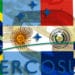 Banderas de miembros del Mercosur con blockchain superpuesta y logo de Mercosur. Composición por CriptoNoticias. iLexx / elements.envato.com; Anomie / wikipedia.org; Fvasconcellos / wikimedia.org; manuelbelgrano / wikipedia.org; Paraguay / wikipedia.org; Vexilla Mundi: Uruguay / wikimedia.org