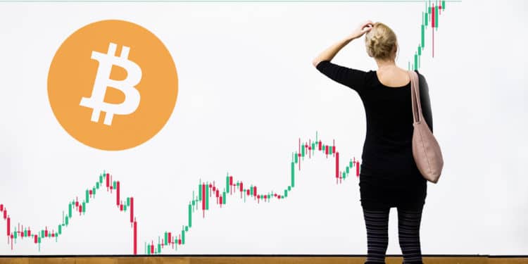 Mujer dudosa observando gráfico de mercado con logo de Bitcoin. Composición por CriptoNoticias. Bitcoin / bitcoin.org; Binance / Binance.com; aetb / elements.envato.com