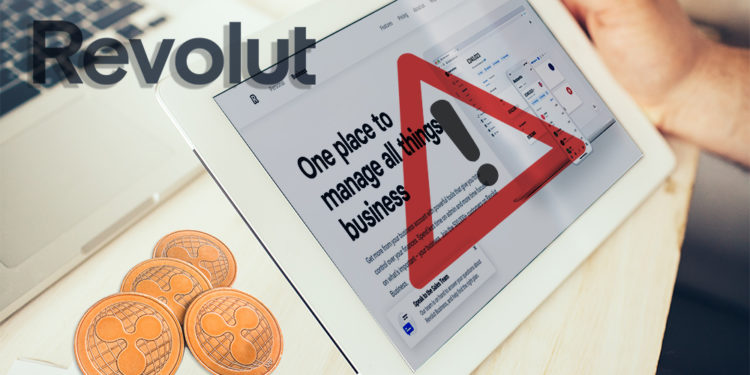 Tablet con interfaz de Revolut y señal de aviso junto a monedas de Ripple con logo de Revolut. Composición por CriptoNoticias. Revolut / wikipedia.org; jirkaejc / elements.envato.com; Clker-Free-Vector-Images / pixabay.com; kiraliffe / elements.envato.com.