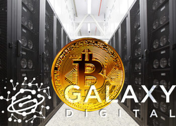 Logo de Galaxy Digital frente a moneda de Bitcoin sobre fondo de granja de minería de criptomonedas. Composición por CriptoNoticias. ESchweitzer / elements.envato.com; Galaxi Digital / galaxidigital.io; Pressmaster / elements.envato.com.
