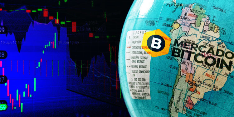 Logo de Mercado Bitcoin sobre globo terraqueo con gráfico de mercado en el fondo. Composición por CriptoNoticias. Mercado Bitcoin / mercadobitcoin.com.br; Isabela Kronemberger / unsplash.com; twenty20photos / elements.envato.com.