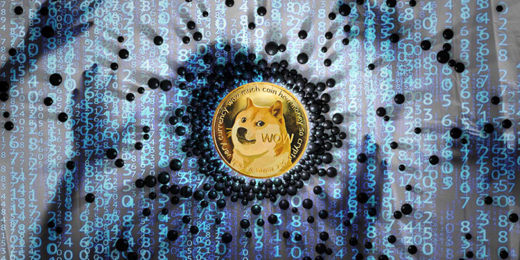 Moneda de Dogecoin en el centro de esferas con código y hackers en el fondo. Composición por CriptoNoticias. jirkaejc / elements.envato.com; GarryKillian / freepik.com; Matryx / pixabay.com.