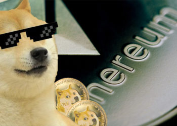 Perro con lentes de sol frente a monedas de dogecoin y moneda de Ethereum. Composición por CriptoNoticias. jirkaejc / elements.envato.com; pNetwork / twitter.com; macondoso / elements.envato.com.