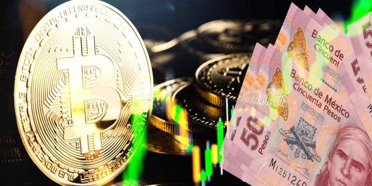 Moneda de Bitcoin junto a billetes de pesos mexicanos con gráfico alcista superpuesto.