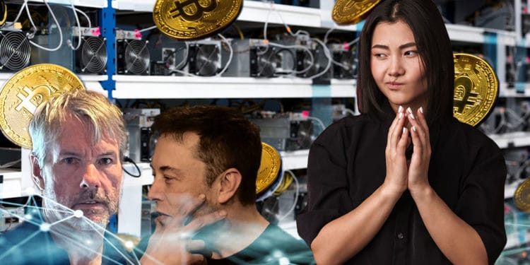 Musk y Saylor en mina Bitcoin al lado de una persona que los desaprueba.