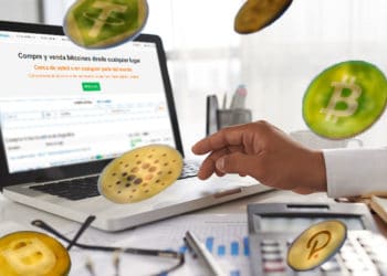 Persona revisando sitio web de localbitcoins y lluvia de altcoins.