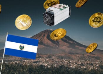 Volcán y minero de bitcoin con bandera de El Salvador.