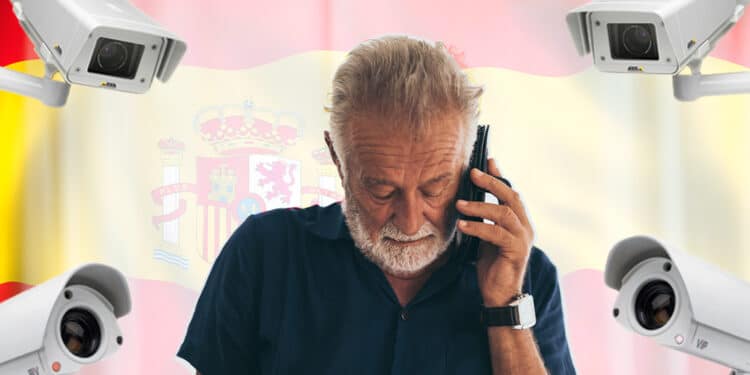 Hombre habla por teléfono con bandera de España y cámaras de vigilancia.