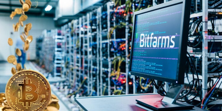 Granja de criptomonedas con logo de Bitfarms y BTC.