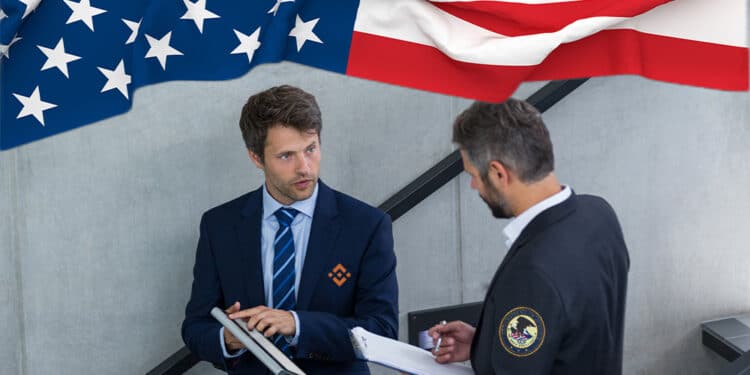 Funcionario del departamento de justicia y de Binance conversando sobre bandera de USA.