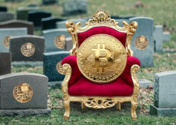 Bitcoin en silla real sobre cementerio de altcoins.