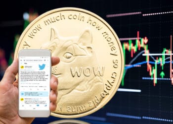 Dogecoin con gráfica bajista y teléfono con tuit.