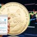 Dogecoin con gráfica bajista y teléfono con tuit.