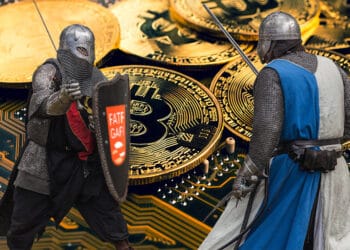 Luchadoes medievales, con logo de GAFI en el escudo y btc de fondo.