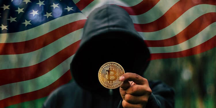 Hacker con bitcoin y bandera USA.