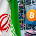 Granja bitcoin y bandera de Irán.