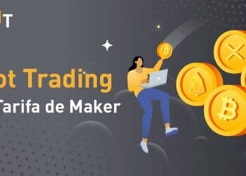 Monedas de BTC, ETH, XRP y EOS flotando al lado de mujer con una laptop