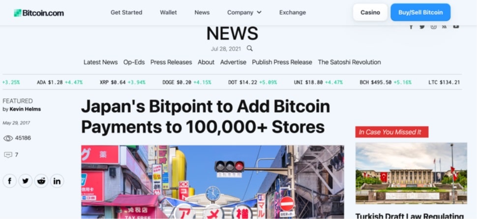 Titular del diario Bitcoin.com acerca de la aceptacion de pagos en bitcoin por mas de 100.000 tiendas en Japón mediante BitPoint.