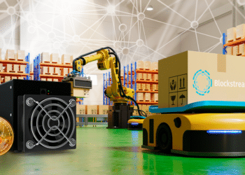 BTC, minero en fábrica con logo Blockstream.