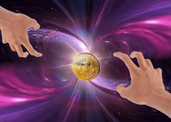 manos intentando agarrar una criptomoneda de bitcoin en un tunel del tiempo.