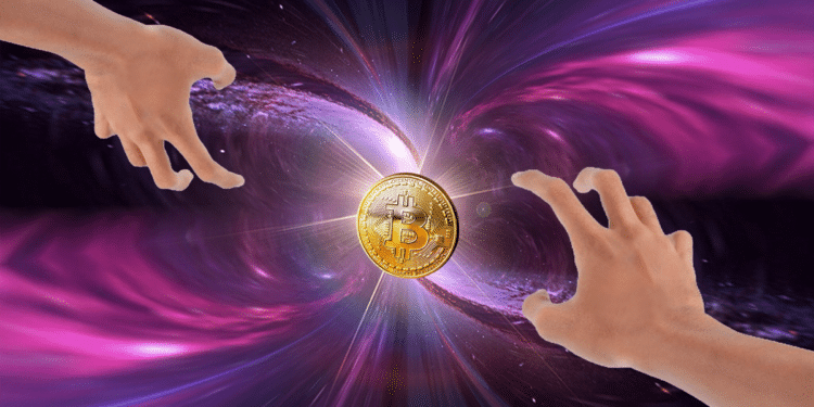 manos intentando agarrar una criptomoneda de bitcoin en un tunel del tiempo.