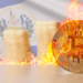 Bandera salvador y BTC en llamas.