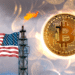 Torre de gas quemado con bandera de USA y BTC.