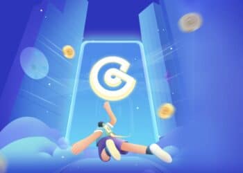 Logo de CoinEx en fondo azul con paracaidista cayendo