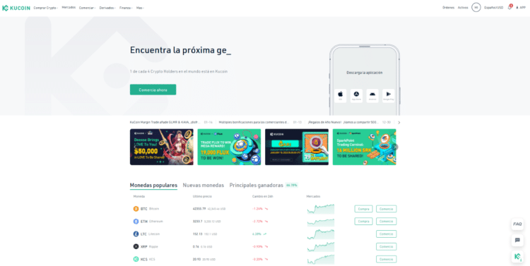 Interfaz de inicio de la plataforma KuCoin. Fuente: KuCoin.