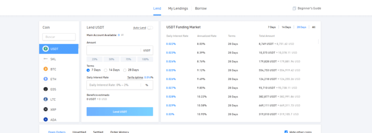 La plataforma de préstamos de KuCoin se divide en Lend (prestar) y Borrow (solicitar un préstamo). Fuente: KuCoin.