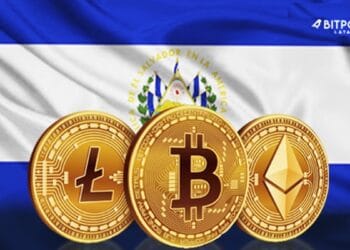 Bandera de El Salvador con monedas de LTC, BTC y ETH al frente.