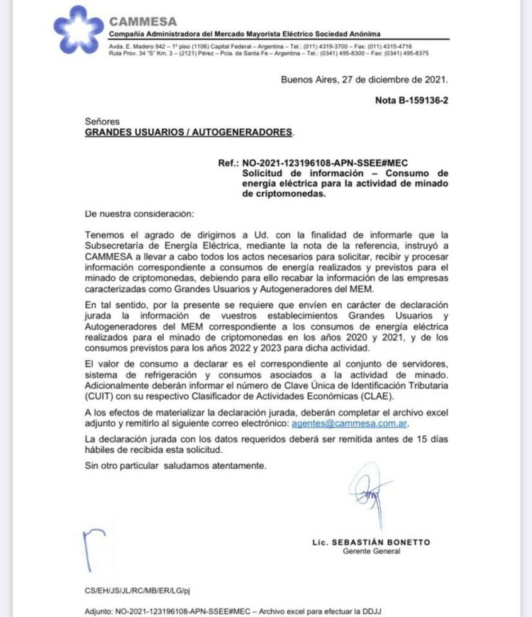 Con este comunicado, CAMMESA informó a los grandes usuarios sobre el pedido de la Subsecretaría de Energía Eléctrica. Fuente: Twitter @pablosabbatella.