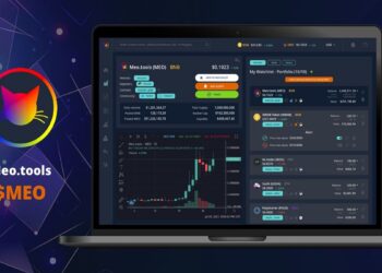 Logo de MeoTools y laptop con la app en pantalla