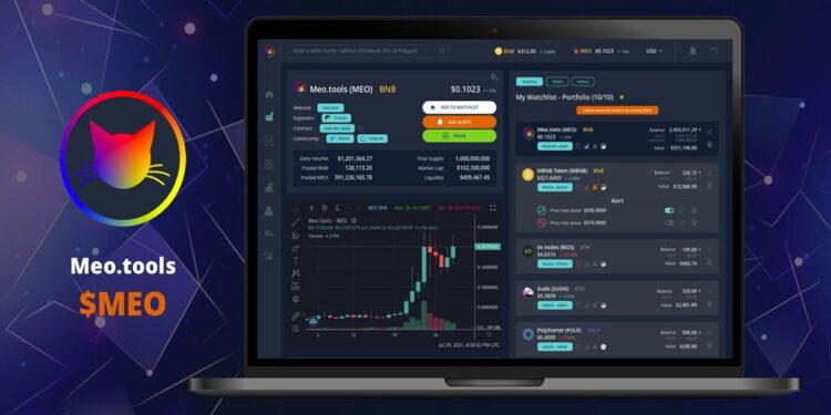 Logo de MeoTools y laptop con la app en pantalla