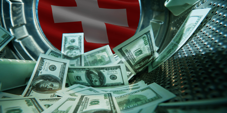 Dinero lavado y bandera de Suiza.