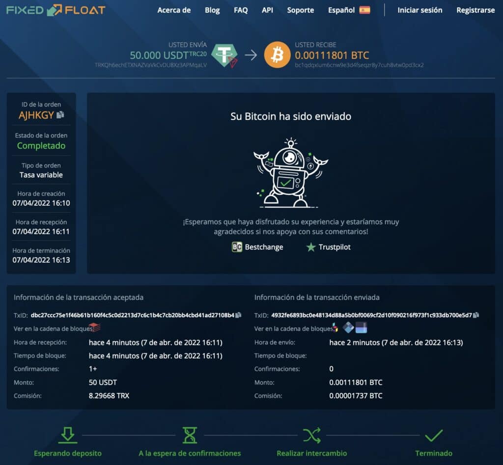 Exchange Fixed Float, dinero enviado de BTC y USDT.