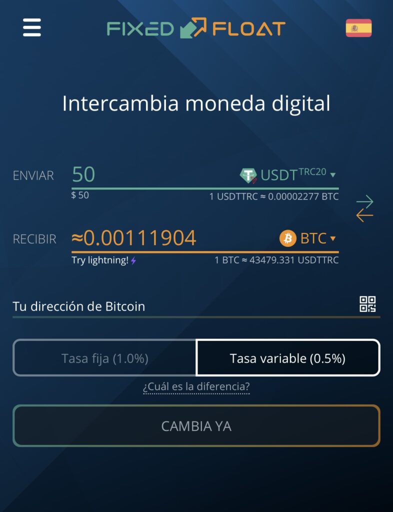 Exchange FIxed Float, elección de moneda, monto y dirección.