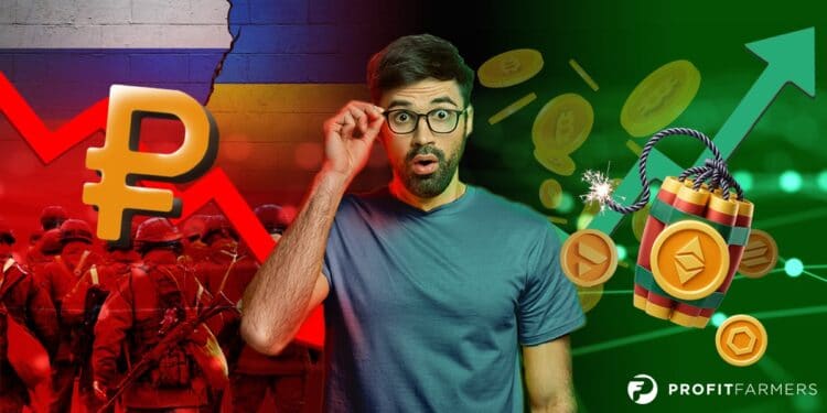 Hombre con cara de sorprendido y monedas de bitcoin alrredor