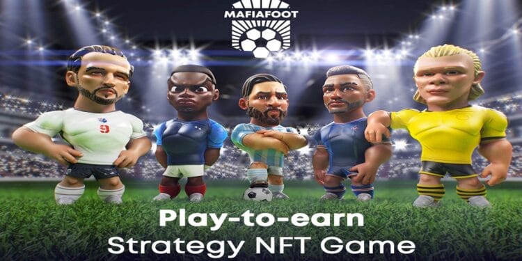 Campo de fútbol con 5 jugadores del juego MafiaFoot al frente.