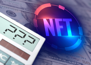 Calculadora con unos signos de pregunta en el visor acompañado de "NFT" y unos dolares.