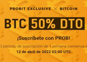 Pancarta promocional de fondo amarillo con símbolos de bitcoin
