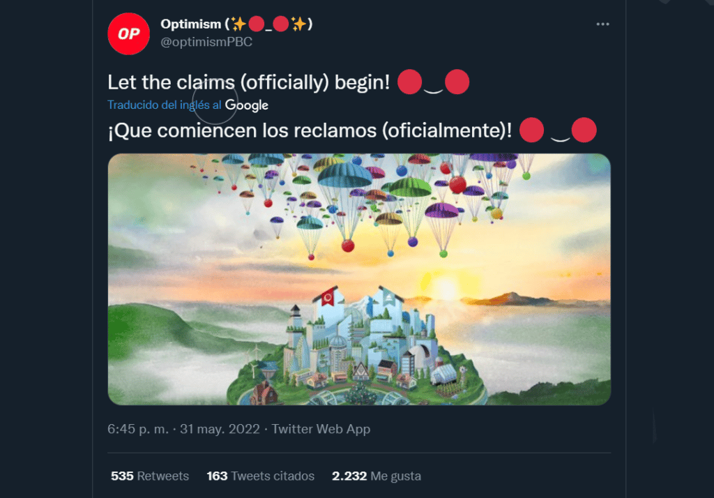 anuncio oficial de optimism sobre el airdrop de tokens