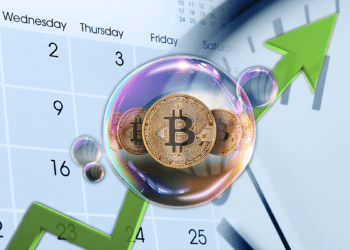 Un bitcoin dentro de una burbuja con un calendario de fondo.