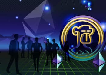 Multitud observa Apecoin y logo de Ethereum.