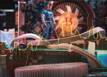 minero de bitcoin observa disminución en el gráfico del hashprice con moneda de bitcoin en el fondo