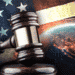 Mundo y bandera de EEUU con mazo de juez