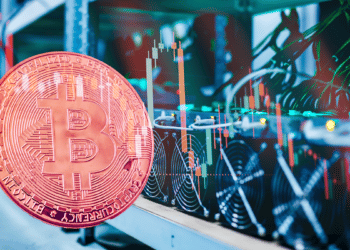 Mineros de Bitcoin, con gráfico y bitcoin en rojo.